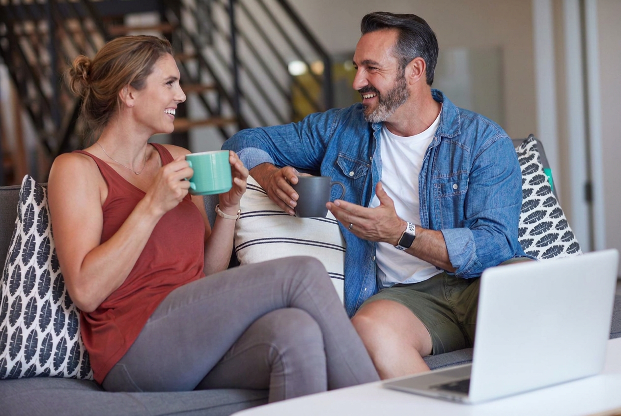 A married couple sitting together on a sofa with coffee and a laptop, talking through something they are learning